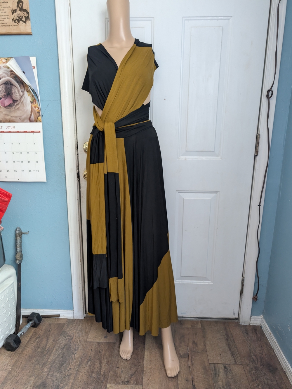 By Nadie Black and Mustard Colorblock Wrap Maxi Dress
